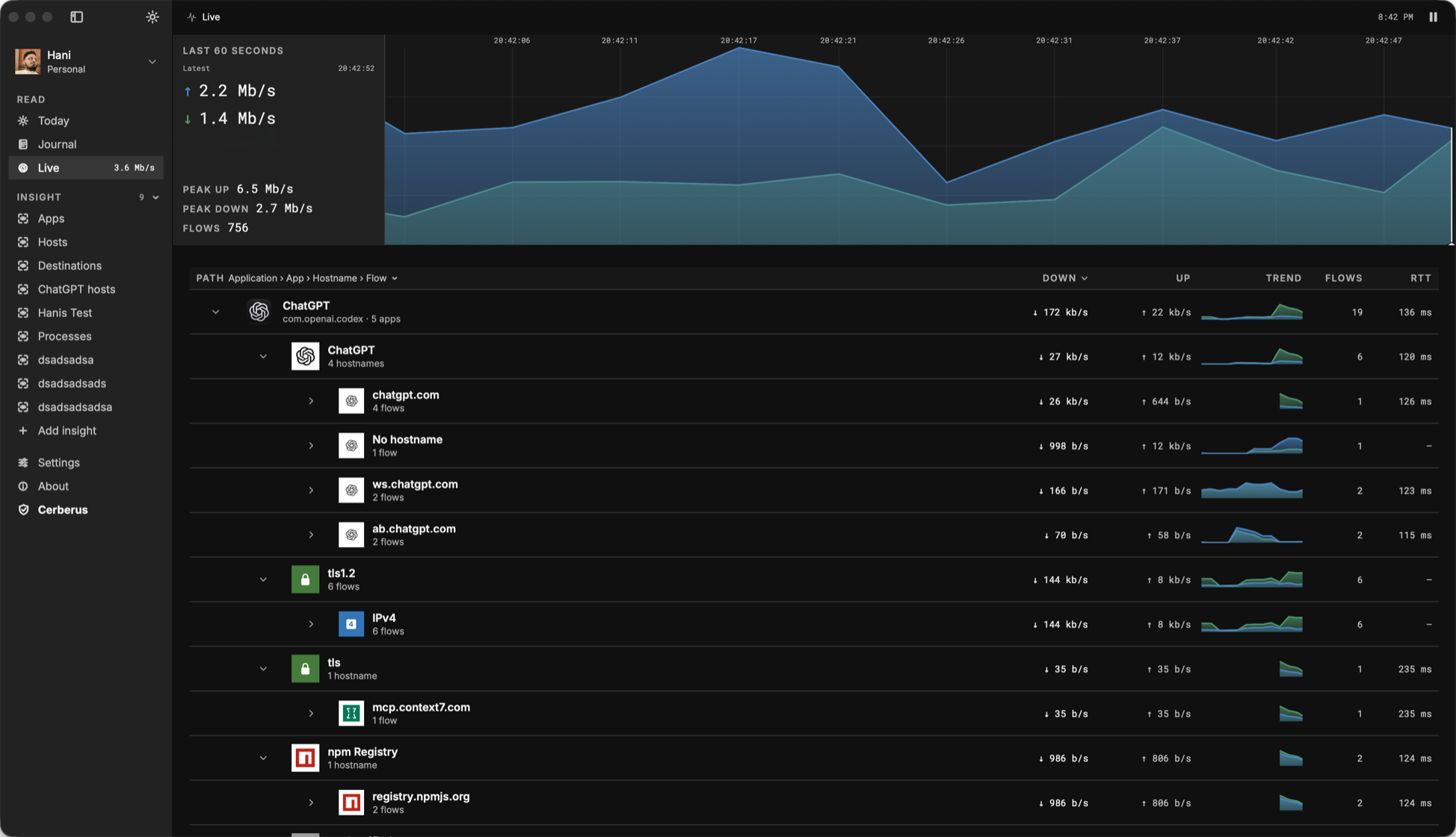 FlowSense Live view showing the traffic timeline, application tree, and per-flow metrics